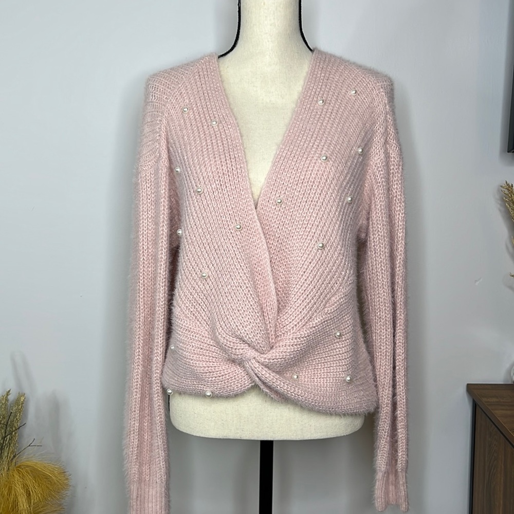 Sold Twist front Pearls decor V neck sweater